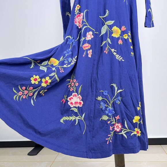 NWOT JOHNNY WAS Floral Embroidered Cotton Long Sleeves Midi Dress Size S Blue - Picture 5 of 13